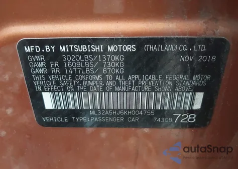 2019 Mitsubishi Mirage Le z USA, uszkodzony, nr VIN ML32A5HJ6KH004755